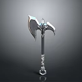 Fantasy Metallic Axe With Blue Gemstone And Ornate Carved Handle Design