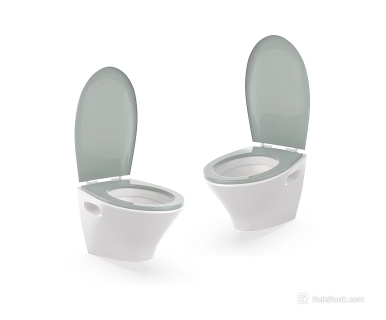 Two Modern Toilets with Open Light Gray Lids and White Base Design 3d model 