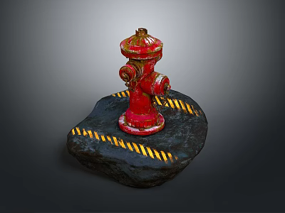 Red Fire Hydrant On Black Stone Base With Yellow Warning Stripes 3d model