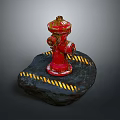 Red Fire Hydrant On Black Stone Base With Yellow Warning Stripes
