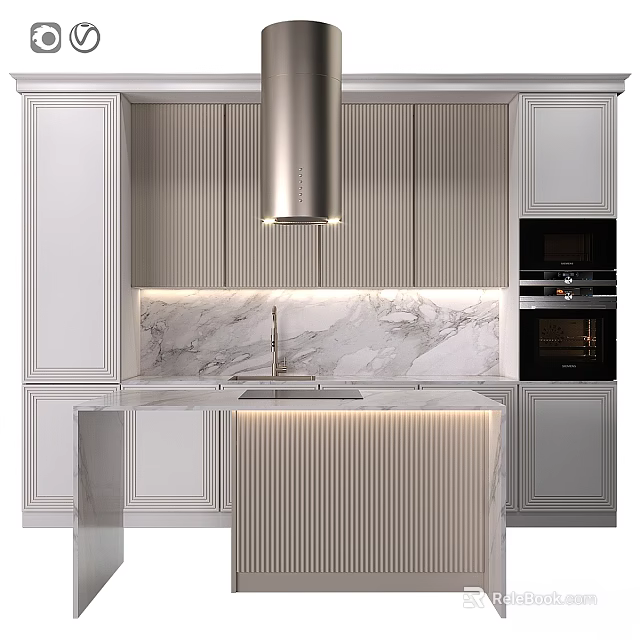 Modern Kitchen With White Cabinets Marble Countertop Kitchen Island Range Hood And Built-in Ovens 3d model 