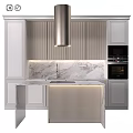 Modern Kitchen With White Cabinets Marble Countertop Kitchen Island Range Hood And Built-in Ovens