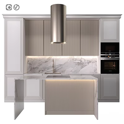 Modern Kitchen With White Cabinets Marble Countertop Kitchen Island Range Hood And Built-in Ovens 3d model