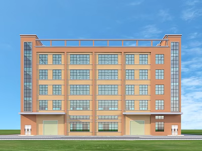 Aerial View Planning for Modern Multistory Orange Building with Windows Garage Doors and Green Lawn 3d model