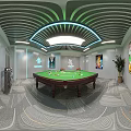 Modern Billiard Room Interior with Green Felt Table Framed Pictures Orange Sofa and Potted Plant