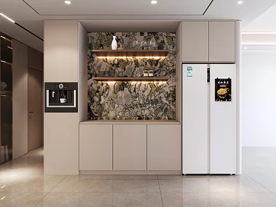 Elegant Modern Sideboard Cabinet With Decorative Wall And Refrigerator Lighting 3d model