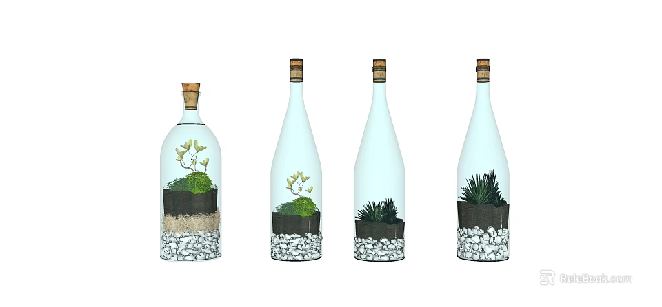 Bonsai Succulent Plants in Transparent Glass Bottles with White Pebbles and Cork Stoppers 3d model 