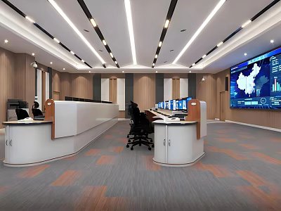 Modern Control Room With Large Display Screen Control Desks And Data Monitoring System 3d model