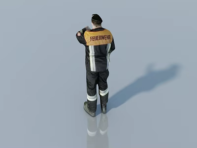 Man Standing In Black Firefighter Uniform With Yellow Vest Reflective Stripes And Boots 3d model