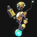 Yellow Black Robot Character With Mechanical Design Holding Large Weapon On Glowing Blue Sphere