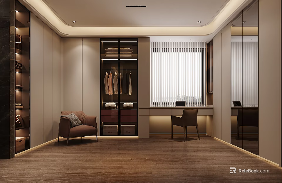 Elegant Walk in Closet Interior With Hanging Clothes Cabinets And Wooden Flooring 3d model 