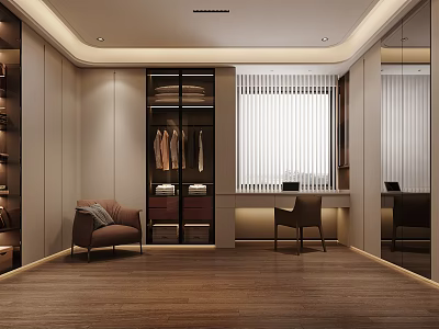 Elegant Walk in Closet Interior With Hanging Clothes Cabinets And Wooden Flooring 3d model