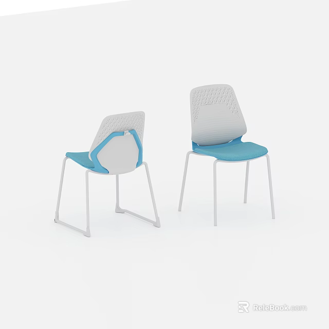 Modern Leisure Chairs With White Perforated Backrests Blue Seats And White Metal Legs 3d model 