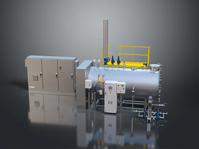 Industrial Stainless Steel Tank System With Control Cabinet Pipes Valves Yellow Guardrail And Exhaust Pipe 3d model