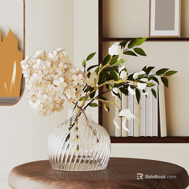 Bonsai Plant Pot Featuring White Hydrangea And Magnolia Flowers With Bookshelf And Decorative Painting 3d model 
