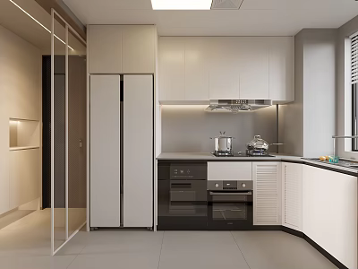 Modern Open Kitchen Interior Design With White Cabinets Island Counter And Appliances 3d model