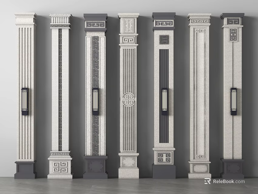 Decorative Columns In Various Styles With Carved Patterns Vertical Lines And Bases 3d model