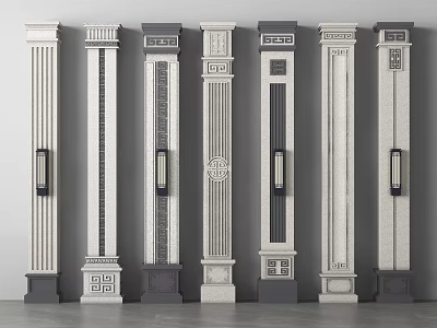 Decorative Columns In Various Styles With Carved Patterns Vertical Lines And Bases 3d model