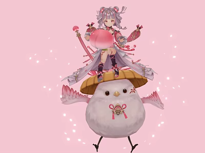 Game Character With Purple Hair On White Bird Creature Pink Weapon Decorative Outfit White Sparkles 3d model