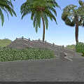 Garden Landscape Featuring Stone Arch Bridge Palm Trees Lush Bushes And Wet Pavement