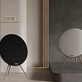 Modern Round Sound Speakers With Black White Design And Wooden Stands