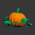 Fresh Orange Pumpkin With Green Stem And Leaves On Green Base