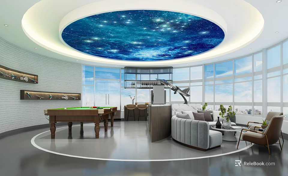 Cozy Leisure Area with Starry Ceiling Pool Table Sofa and Floor to Ceiling Windows 3d model