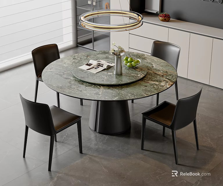 Modern Round Dining Table Set With Marble Top And Black Leather Chairs 3d model 