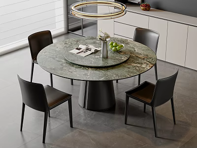 Modern Round Dining Table Set With Marble Top And Black Leather Chairs 3d model