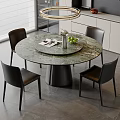 Modern Round Dining Table Set With Marble Top And Black Leather Chairs 3d model