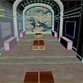 Art Gallery Interior With White Walls Framed Artworks Wooden Benches And Floral Mural