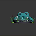 Cartoon Scene With Big Eyed Blue Frog On Lily Pad Small Waterfall Reeds And Flowers