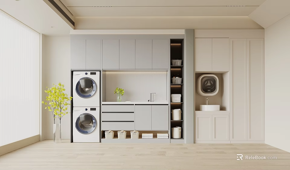Modern Laundry Room with Stacked Washer Dryer Gray White Cabinets Sink and Decorative Plant 3d model 