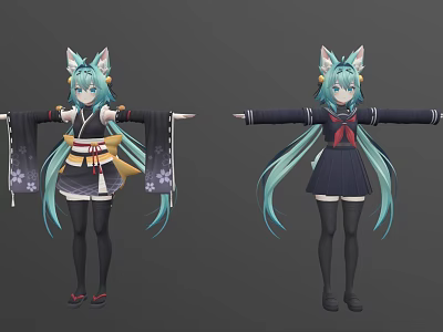 Anime Cat Ear Characters With Teal Long Hair In Kimono And Sailor Uniform 3d model
