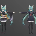 Anime Cat Ear Characters With Teal Long Hair In Kimono And Sailor Uniform