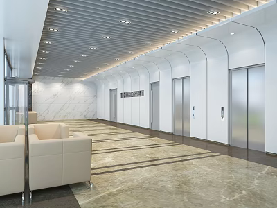 Modern Office Corridor With Linear Ceiling Elevators Marble Flooring And Beige Sofas 3d model