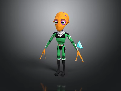 Fantasy Creature Character With Orange Head Purple Eyes Green Black Outfit Holding Blue Object 3d model