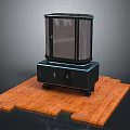 Black Display Cabinet With Glass Door On Wooden Platform And Drawer Cabinet Base