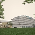 Modern Sales Office Building With Glass Curtain Wall And Green Lawn Surroundings
