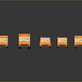 Five Orange Trucks of Various Types on Dark Background with Reflections