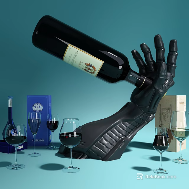 Black Robotic Arm Holding Wine Bottle And Pouring Into Glasses With Boxes 3d model 