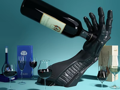 Black Robotic Arm Holding Wine Bottle And Pouring Into Glasses With Boxes 3d model
