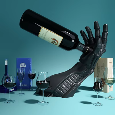 Black Robotic Arm Holding Wine Bottle And Pouring Into Glasses With Boxes 3d model