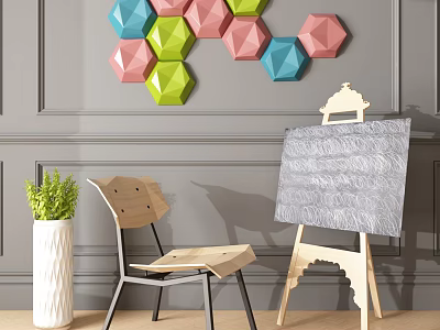 Colorful Hexagonal Percussion Instruments And Art Easel With Drawing Board On Gray Wall 3d model