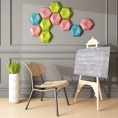 Colorful Hexagonal Percussion Instruments And Art Easel With Drawing Board On Gray Wall 3d model