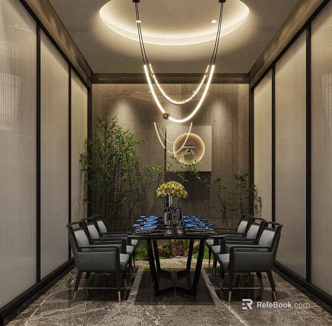 Luxurious Private Dining Room Interior Featuring Round Chandelier Dining Table Green Plants And Chairs 3d model 
