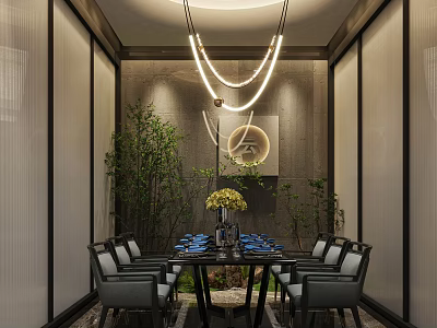 Luxurious Private Dining Room Interior Featuring Round Chandelier Dining Table Green Plants And Chairs 3d model
