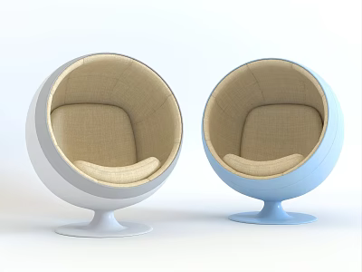 Modern Single Sofa Round Shape Design Blue And White Fabric Upholstery With Circular Base 3d model