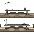 Modern Tea Table and Chairs with Round Cushions Tea Set Vase and Green Plant