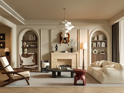 Elegant Modern Living Room Interior With Sofa Armchair Fireplace Chandelier And Bookshelves 3d model